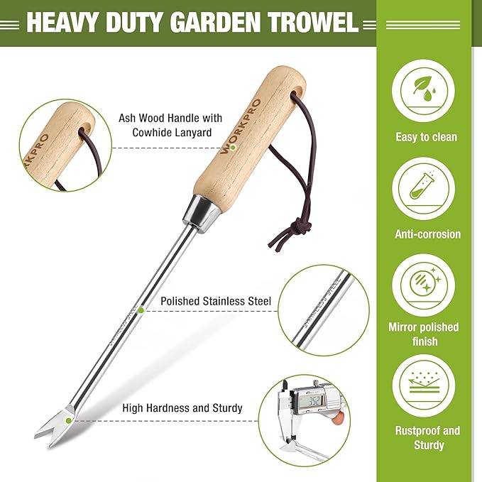 WORKPRO Dandelion Weeder Puller Tool with Wood Handle, Polished Stainless Steel Garden Weed Remover Tool, Two-Pronged Fork Weeder Tool for Lawn Farmland Transplant Gardening Plant Tool