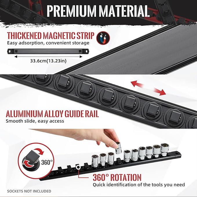 Magnetic Socket Organizer, 9-Piece Heavty Duty Aluminum Socket Holder, Socket Rail for Tool Box, Premium Quality 360° Swivel Socket Rack Kit with 120 Clips for 1/2, 3/8, 1/4-Inch(Multi)