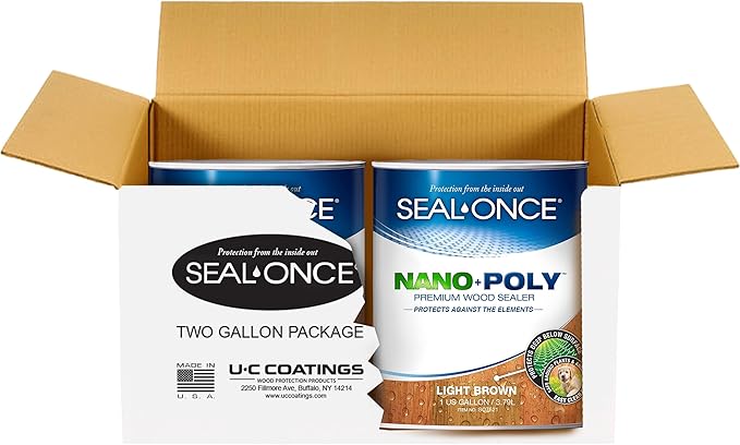 Seal-Once Nano+Poly Penetrating Wood Sealer with Polyurethane - Premium Waterproof Sealant -2 Gallon & Light Brown