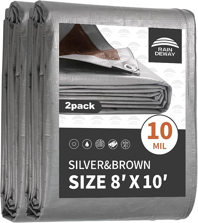 RAINDEWAY Tarps Heavy Duty Waterproof 8x10 Feet(2 Pack),10Mil Thick Multipurpose Poly Tarp Cover with Metal Grommets and Reinforced Edges,Silver/Brown Tarp