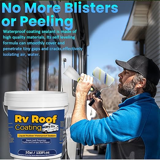 1Gal/133Fl.oz Liquid Rubber Rv Roof Coating White Waterproof Sealant Camper Roof Repair Solar Reflective Sealant with Wooden Brush Putty Knife Work Gloves Paint Roller Drywall Repair Tape