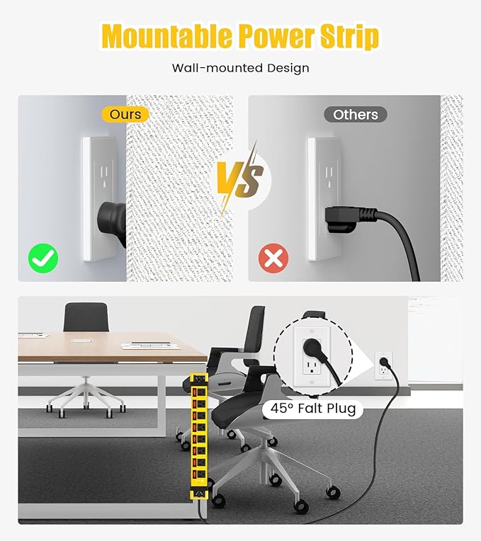 Heavy Duty Power Strip with Individual Switches,8 Outlets 14 Gauge Industrial Shop Garage Metal Multiple Outlets,1200J Surge Protector Mountable Power Strip,10FT Extension Cord Management(Yellow)