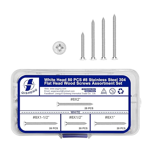 QISHENG 80 PCS White Head #8 Stainless Steel Phillips Flat Head Wood Screws Assortment Set,Stainless Steel 18-8 A2(304) Screw,Home Screw Kit