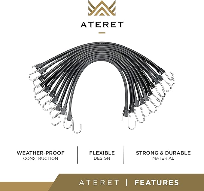 ATERET Rubber Bungee Cords with Hooks I 15 Inch, 23" Max Stretch I Heavy-Duty Black Tie Down Straps for Outdoor, Tarp Covers, Canvas Canopies, Motorcycle, and Cargo, Pack of 25
