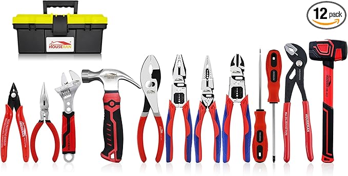 12-Piece Professional Tool Kit - Heavy Duty CRV Pliers Set, Rubber Mallet, Adjustable Wrench, Claw Hammer & Toolbox for Electrical, Household Repair, Automotive, Industries