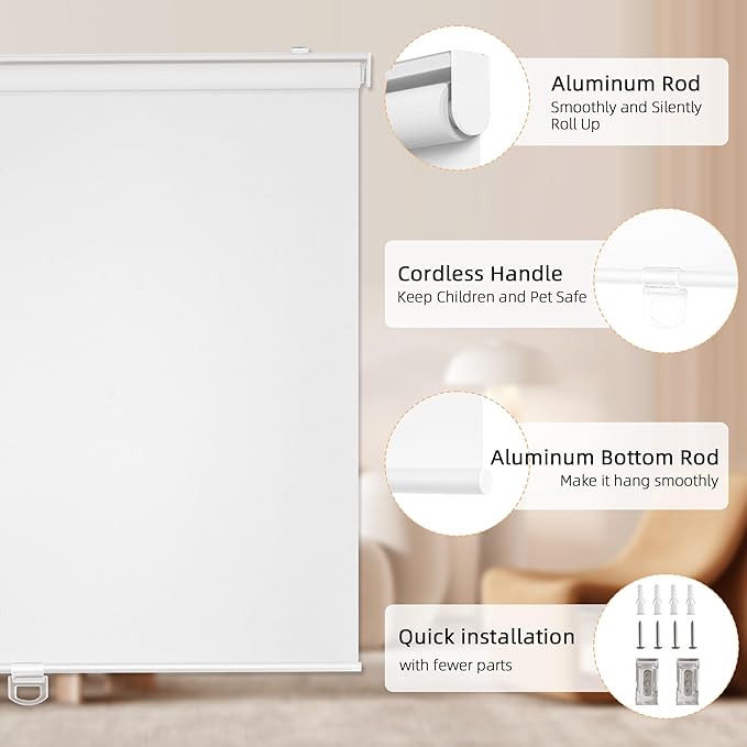 ChrisDowa Cordless Blackout Roller Shades for Windows, Thermal Insulated UV Protection Pull Down Shades, Total Blackout Window Blinds for Home, Office, Bedroom, Door (33" W x 72" H, White)