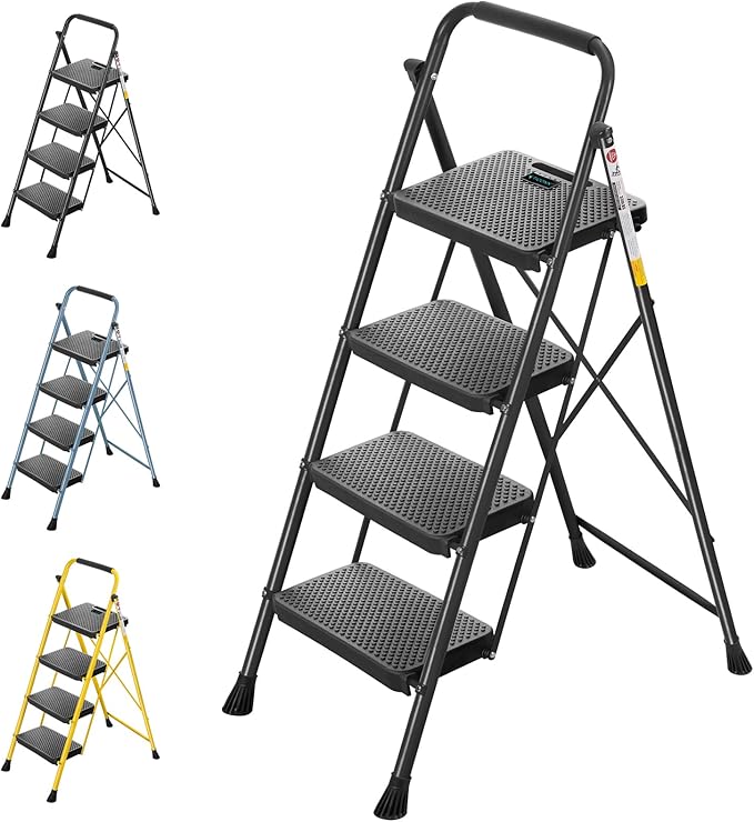 TICONN 4 Step Ladder, Heavy Duty Foldable Step Stool, Portable Steel Folding Stool for Household Garage Storage (Black)