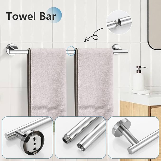 TNOMS 5-Piece Towel Bar Set Polished Chrome Bathroom Hardware Set Upgraded Towel Hooks Towel Racks Set for Bathroom Stainless Steel Wall Mounted Towel Holder Set 23.6 Inch