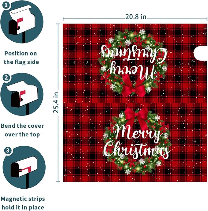 Kawani Merry Christmas Mailbox Covers Magnetic Standard Size 25.5x21 Inch Winter Christmas Wreath Red Black Buffalo Plaid Mailbox Cover Xmas Holiday Wraps Post Box Cover for Garden Yard Decor