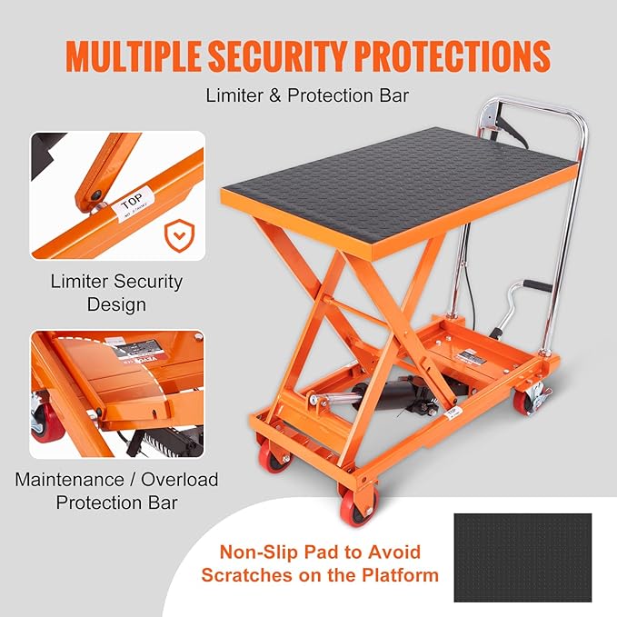 VEVOR Hydraulic Lift Table Cart, 500lbs Capacity 28.5" Lifting Height, Manual Single Scissor Lift Table with 4 Wheels and Non-Slip Pad, Hydraulic Scissor Cart for Material Handling, Orange