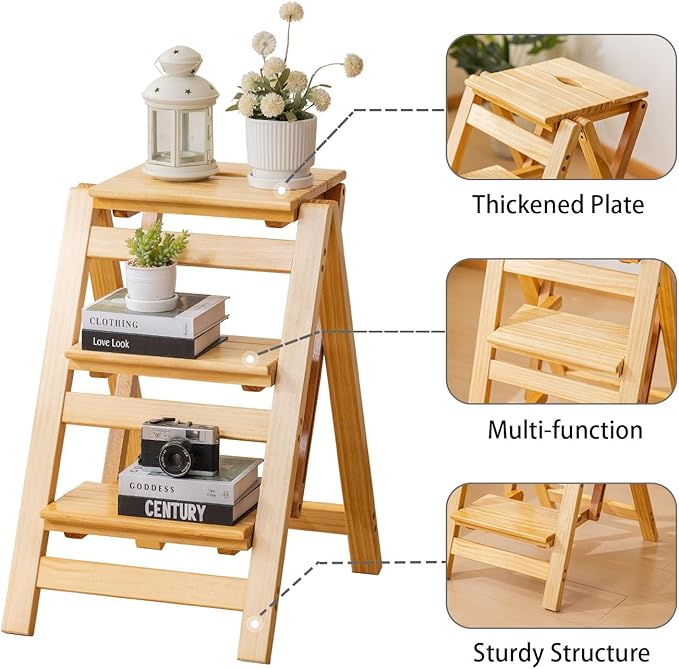 Latifolia Foldable 3 Step Ladder, Wooden Step Stool with Floor Saver, Decorative Ladder Shelf for Living Room, Kitchen, Garden(Nature)