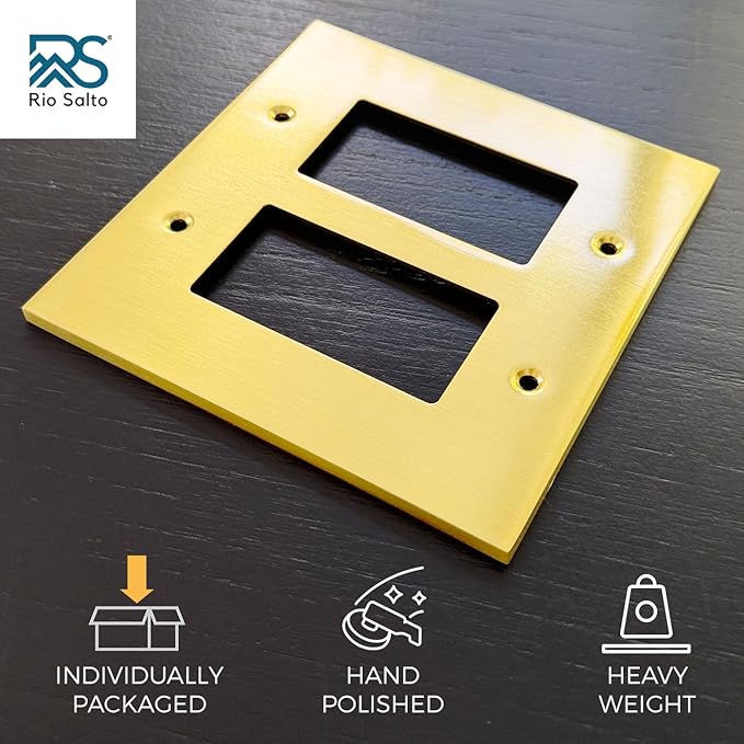 Rio Salto Modern Metal Vibrant Yellow Gold Double Decorator Wall Outlet Cover Light Switch Cover Double Rocker Decora Electrical Wall Plate MIDSIZE Outlet Covers Decorative (Rocker, 2-Gang)