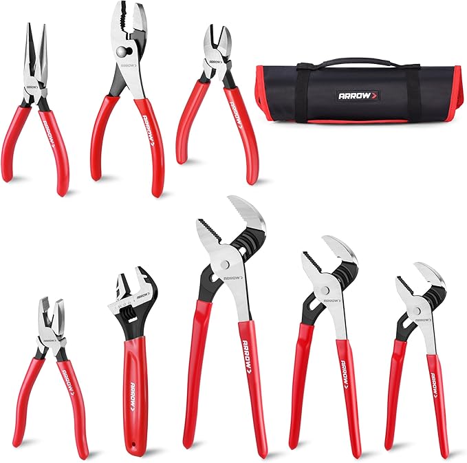 ARROW 8PCS Pliers & Wrench Set, 6" Needle Nose Pliers, 6" Diagonal, 7" Linesman, 8" Slip Joint, 8" & 10" & 12" Groove Joint and CRV 8" Adjustable Wrench, Portable Rolling Bag With Handle