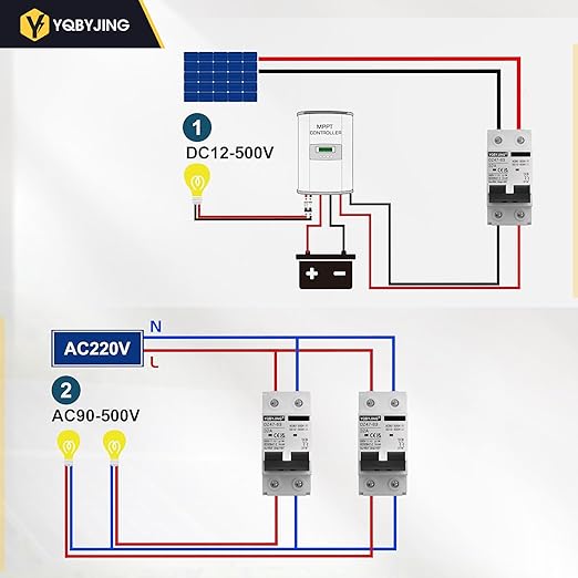 DC Circuit Breaker 32 Amp Solar Panel Disconnect Switch 12V-500V 2 Poles Miniature Solar Circuit Breaker for Outdoor PV Homes Battery, AC 110V DIN Rail MCB