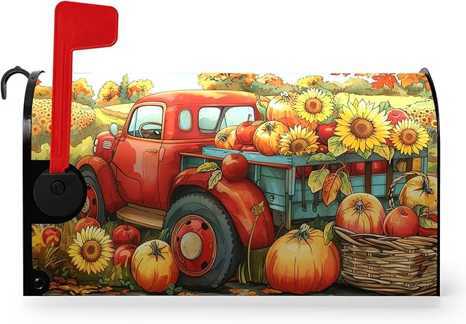 Fall Pumpkins Sunflower Mailbox Covers Magnetic Standard Size 21 X 18 Inch Autumn Red Truck Harvest Mailbox Wraps Cover Thanksgiving Letterbox Cover for Garden Yard Outdoor Decor
