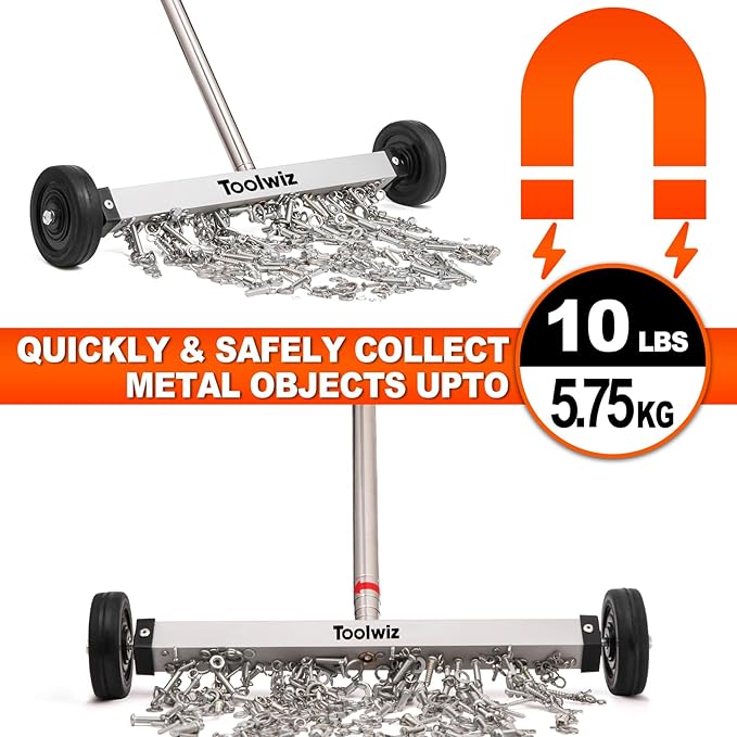 Toolwiz Magnetic Pick Up Sweeper 15-inch Heavy Duty Magnet Pickup Lawn Sweeper Roofing Tools, 10 Lbs Yard Tools with Telescoping Holder and Wheels to Clean Nails Adjustable Handle for Construction