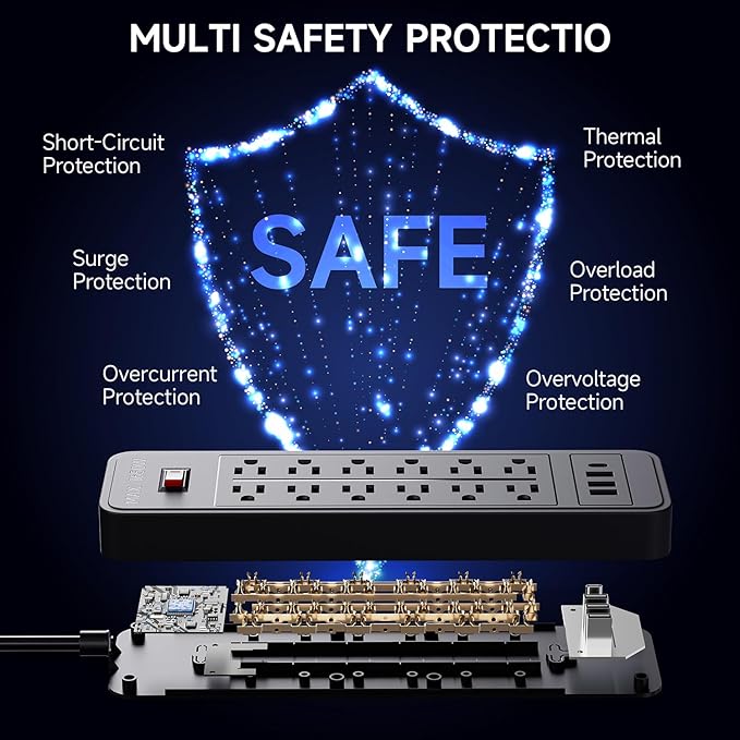 Surge Protector Power Strip, ETL Listed, 12 Widely-Spaced Outlets Expansion with 4 USB Ports (1 USB C Port), Low-Profile Flat Plug, Wall Mountable, 5ft Extension Cord, Heavy Duty, 5FT