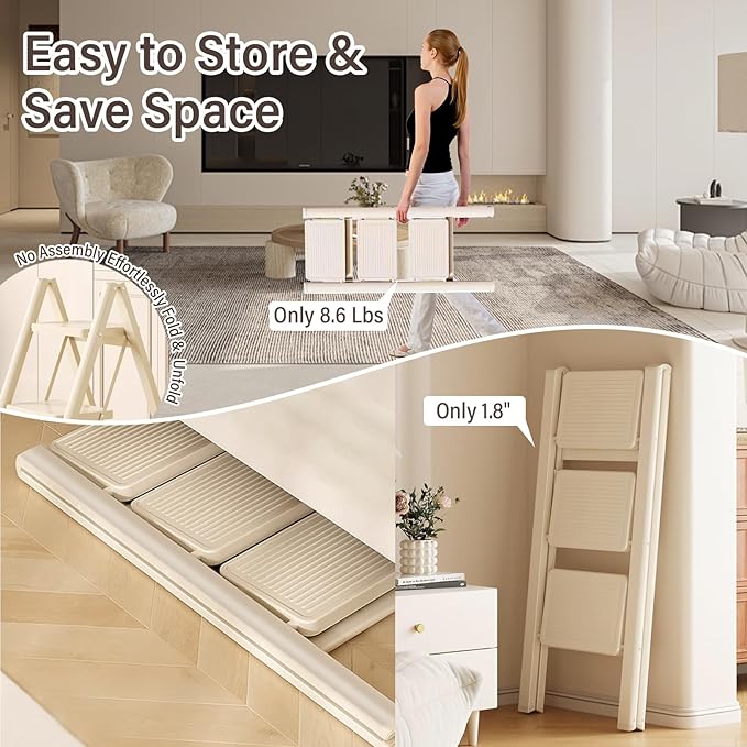 3 Step Ladder, Step Stool for Adults, Protable Carbon Steel Folding Stool with Wide Anti-Slip Wide Pedals, 330lbs Sturdy Steel Ladder for Household and Kitchen