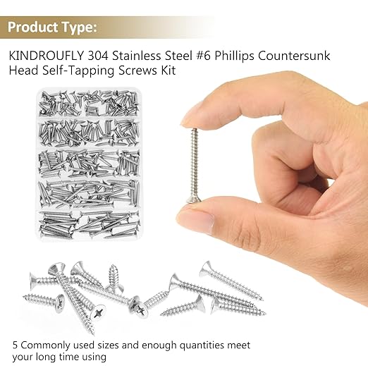 162 Pieces #6 x 1/2" 5/8" 3/4" 1" 1-1/4" Phillips Countersunk Head Self-Tapping Screws, Wood Screws Assortment Kit, 304 Stainless Steel