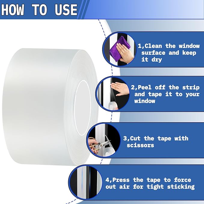 Window Weather Sealing Tape 2 Inch x 16.5 FT Weather Stripping Residue-Free Clear Window Insulation Caulk Tape for Doors Windows and Shower Glass Gaps Bathroom
