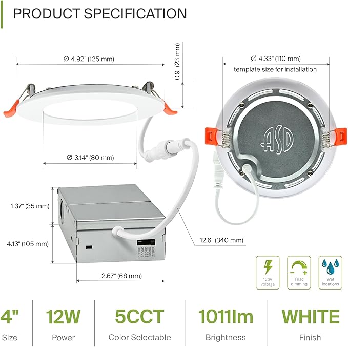 ASD 6 Pack LED Recessed Lighting 4 Inch 12W, 5 CCT 2700K-5000K CRI90+, IC Rated Ultra Thin Dimmable Ceiling Lights with J Box, Canless Wafer Downlight, Round Slim Panel Light, Energy Star ETL, White