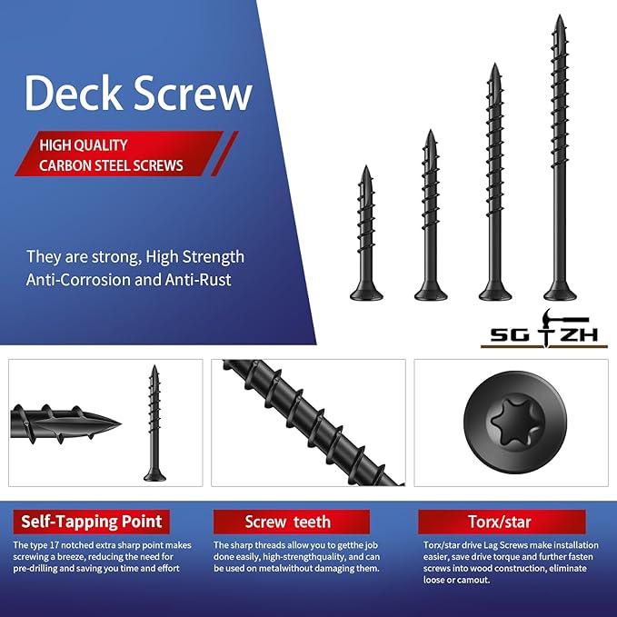 #8 x 1-1/2" Deck Screws (1610Pcs) 10lb. Exterior Wood Screws. Carbon Steel, Black, Flat Head, Rust Resistant epoxy Coated, with T25 Star Bit