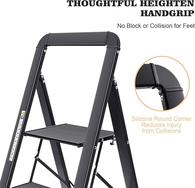 KINGRACK Aluminium 5 Step Ladder, Lightweight Step Stool with Non-Slip Pedals, Handrail, Folding Step Ladder for Kitchen, Garage, Home, Space Saving, Sturdy and Portable, Black