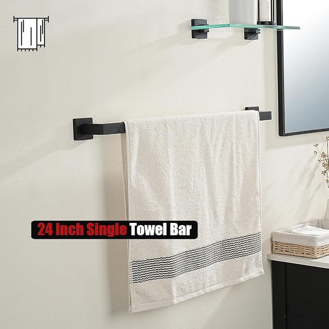 JQK Black Towel Bar, Rounded Edges 26.41 Inch Towel Rack, 304 Stainless Steel Bathroom Wall Mount, Useable Length 24 Inch, TB250L24-PB