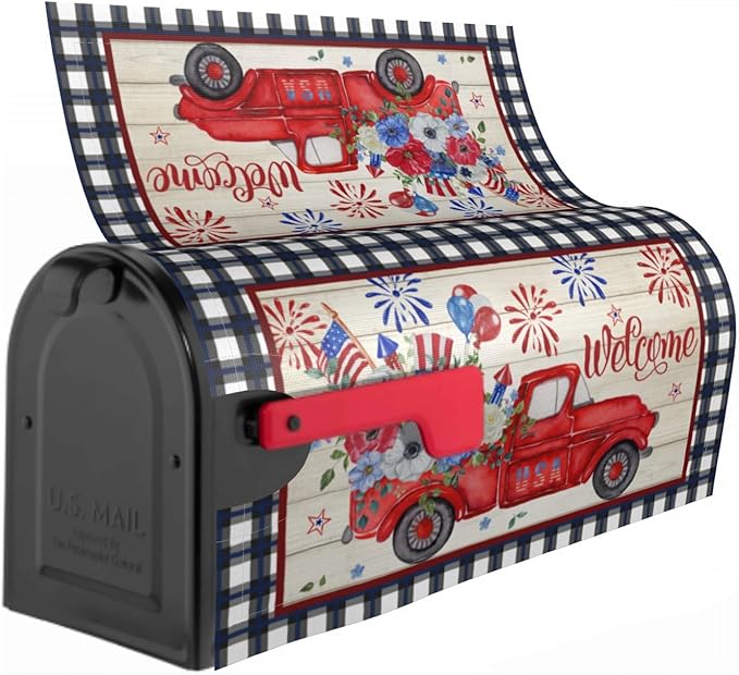 Buffalo Plaid Patriotic Mailbox Covers - American Flag Red Blue Floral Truck Magnetic Standard Size 25.5x21 In Waterproof Post Box Wraps Garden Yard Decor for Outdoor