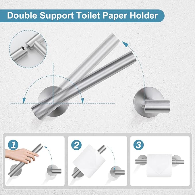 TQKAG 8-Pieces Bathroom Hardware Set Brushed Nickel SUS304 Stainless Steel Bath Towel Bar Set 23.6 Inch Round Bathroom Accessories Kit Wall Mounted