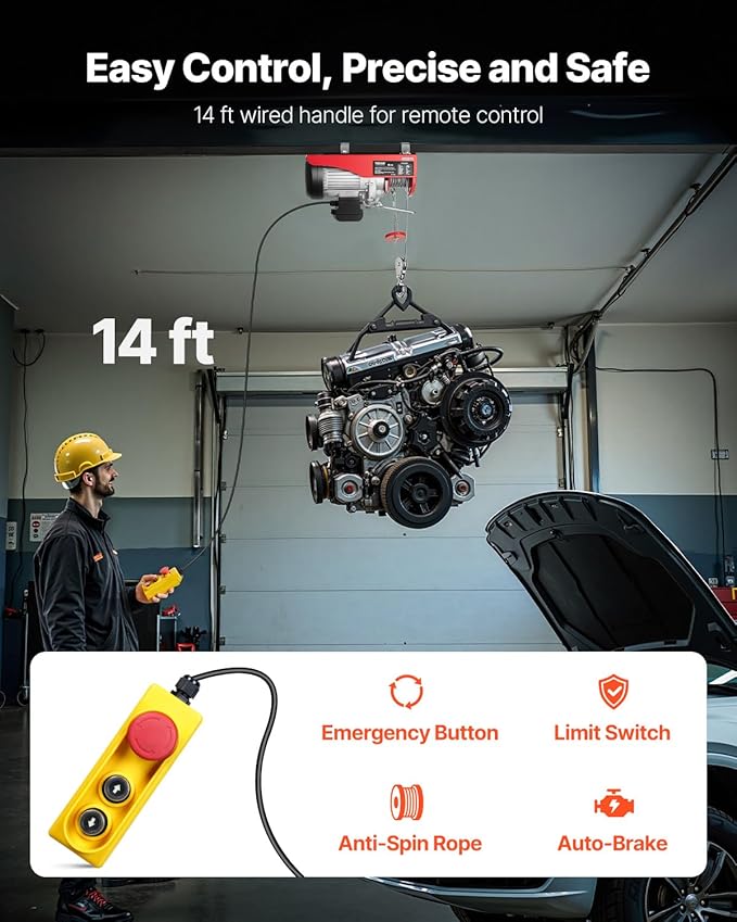 VEVOR Electric Hoist 1760lbs with 14ft Wired Remote Control, Electric Hoist 110 Volt with 40ft Single Cable Lifting Height Motor, for Garage Warehouse Factory