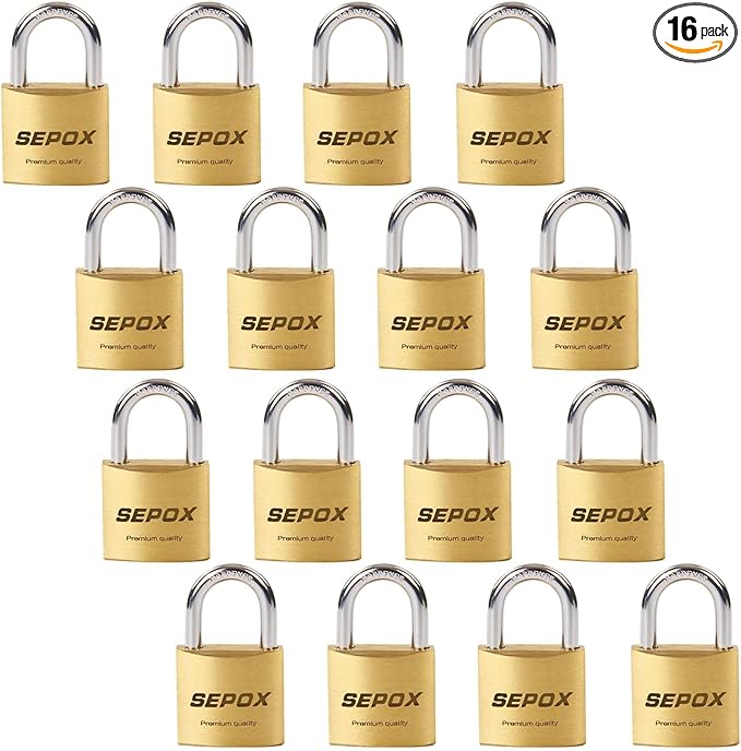 SEPOX® 16 Pcs Pack Solid Brass Padlock with Same Keys 24 Pcs, Heavy Duty & Compact Body 30mm 1-3/16", Small Lock & Key with Big Handle, Keyed Alike for gate, Gym Locker, Hasp, Tool Box
