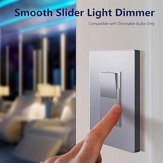 LIDER Dimmer Paddle Switch for Dimmable 300W LED/CFL Lights, 1-Pole or 3-Way, 120 V, Modern Upgrade, UL Listed, Screwless Wall Plate Included, Silver