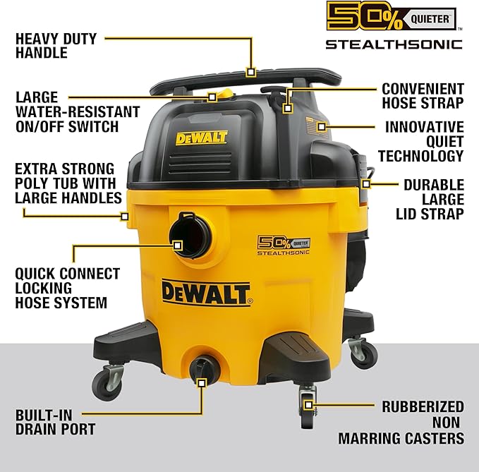 DEWALT 10 Gallon 5.0 Peak HP STEALTHSONIC Shop Vacuum Wet and Dry, Ultra Quiet Wet Dry Vac, Ideal for Jobsite, Garage, Car & Workshop, DXV10P-QT with Attachments & Powerful Suction, Portable Cleaning