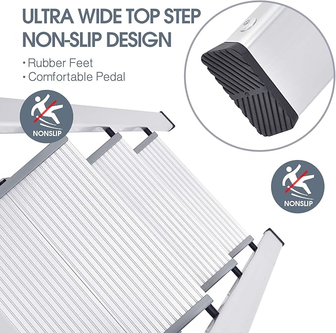 KINGRACK Aluminium 3 Step Ladder, Lightweight Step Stool with Non-Slip Pedals, Handrail, 330 LBS Foldable Step Ladder for Kitchen, Garage, Home, Space Saving, Sturdy and Portable, Silver