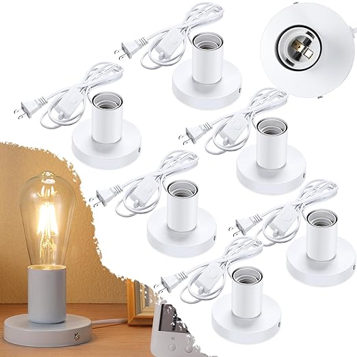 Tuanse 6 Pcs Polished Metal Desktop Lamp E26 E27 Screw Light Bulb Sockets Holder Base Lamp Replacement Base for Holding Bulb 6 Feet Cord on Off Switch Plug(White)