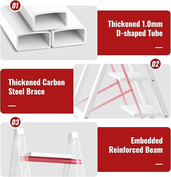 GameGem 3 Step Ladder, Aluminum Folding Step Stool with Anti-Slip Sturdy and Wide Pedal, Lightweight Portable Stepladder for Home and Kitchen Use Space Saving, Cream White, 330 lbs