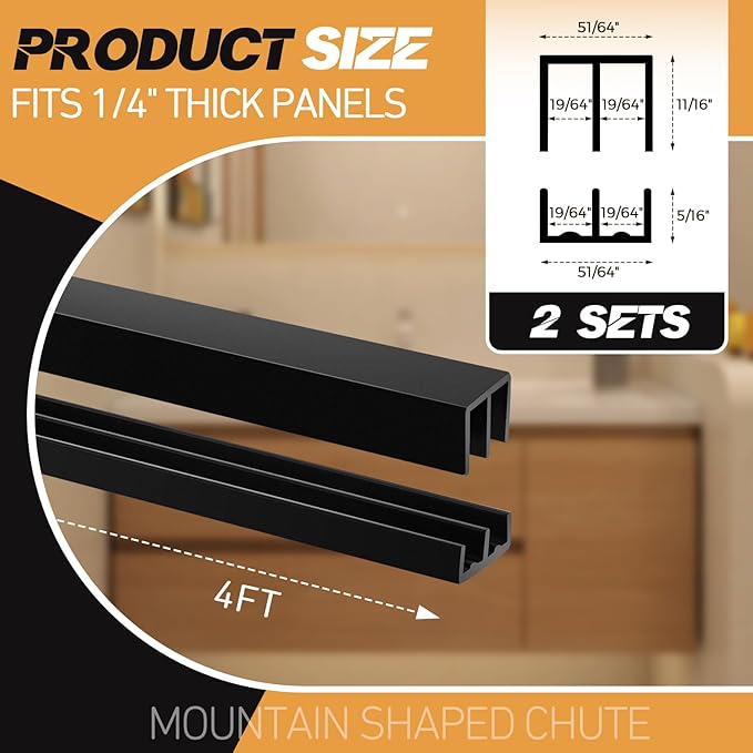 Landical 2 Sets Plastic Sliding Door Track Set for 1/4" Thick Panels Glass Cabinet Door Hardware System Window Sliding Track Easy Quick Installation(4ft,Black)