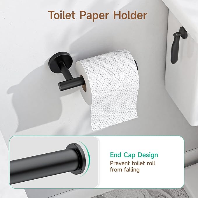 USHOWER Matte Black Bathroom Hardware Set, Modern 18-Inch Towel Bar Set Wall Mounted, Durable SUS304 Stainless Steel Bathroom Accessories Set, 4-Piece