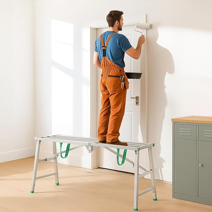 Zonon 55" L x 11.8" W x 28" to 44" H Folding Work Platform Portable Scaffolding Step Stool 4 Height Adjustment 600 Lbs Load Capacity Non Slip Work Platform Ladder for Home Drywall Cleaning Painting