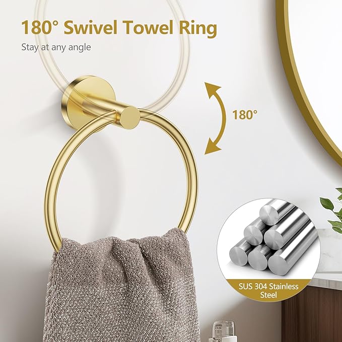 TQKAG Brushed Gold 5 Piece Bathroom Hardware Accessories Set 23.6" SUS304 Stainless Steel Bathroom Towel Bar Holder Sets Double Post Pivoting Toilet Paper Holder Set Wall Mounted