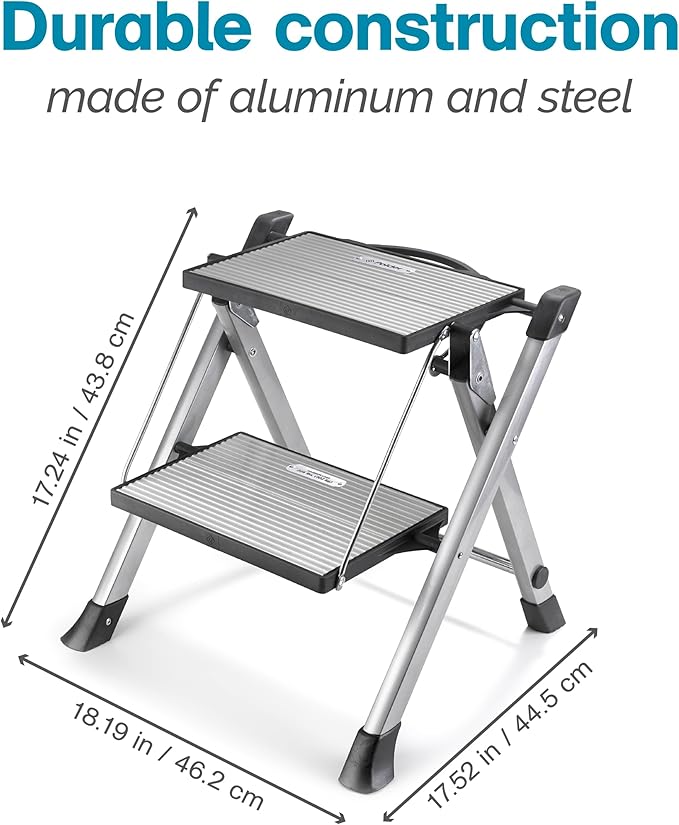 Polder Easy-Close Aluminium 2-Step Stool, Ladder with Non-Skid Feet, Folding Step, Top Step Height - 1.4 feet