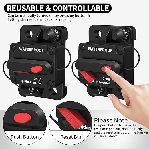 DaierTek 250A Circuit Breaker 12V Waterproof Marine 250 Amp Circuit Breaker 12 Volt for Automotive Car RV Boat -2Pack