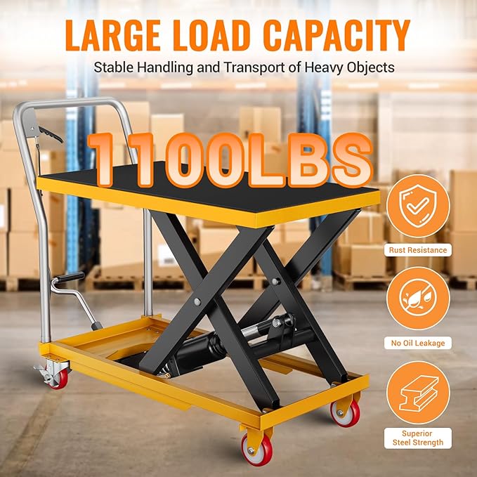 Hydraulic Lift Table Cart, 1100 LBS Capacity 35.4 in Lifting Height, Manual Single Scissor Lift Table with Locking Wheels and Non-Slip Pad, Hydraulic Scissor Cart for Material Handling