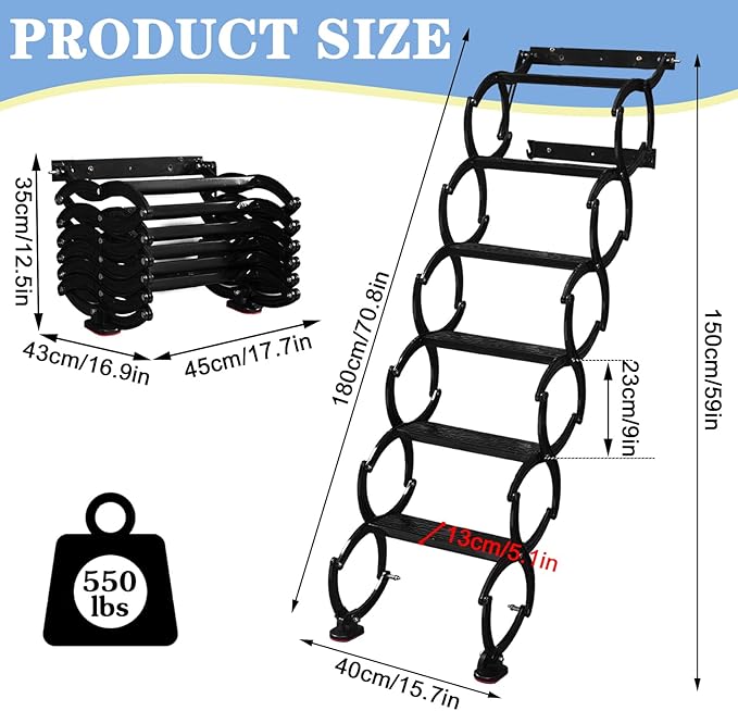 6 Steps Wall Mounted Attic Ladder, Indoor Attic Stairs Pull Down System, Metal Telescoping Step Ladders, Anti-slip Retractable Folding Stair, Loft Extension Steps Staircase for Garages(black, 6 Steps)