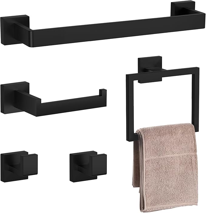 Bathroom Accessory Towel Bar Set: 5 Pieces Matte Black Bathroom Hardware Square SUS304 Stainless Steel - Wall Mounted Towel Rack&Toilet Paper Holder&Towel Ring and Robe Hooks.