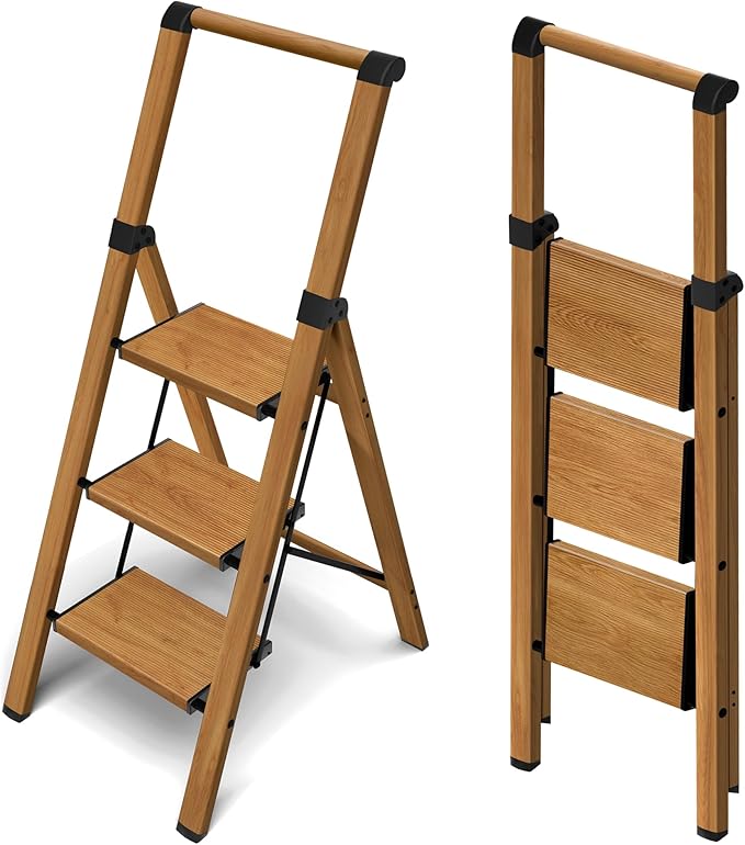 Taranta 3 Step Ladder, Portable Folding Ladder with Wide Pedal, Lightweight Aluminum Step Stool with Convenient Handgrip, 330 lbs Capacity Stepladder for Home, Office - Woodgrain