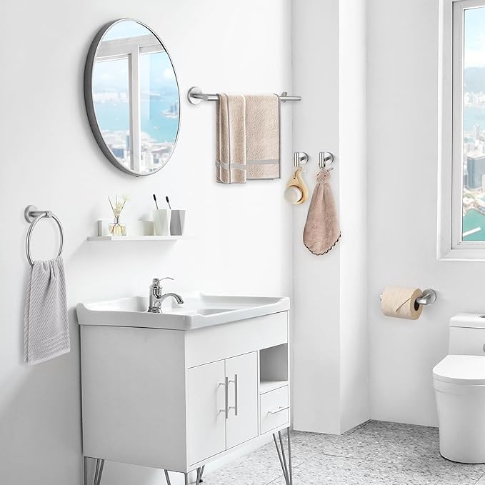 TQKAG Brushed Nickel Bathroom Hardware Accessories Set - 10-Piece Premium SUS304 Stainless Steel Towel Bar Holder Set with 23.6 Inch Round Towel Racks for Wall Mounted Bathroom