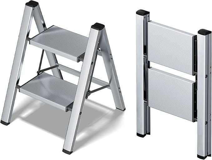 Taranta 2 Step Ladder,Aluminum Lightweight Folding 2 Step Stool with Anti-Slip Wide Pedal,330lbs Capacity Step Ladder for Household,Kitchen,Office - Silver