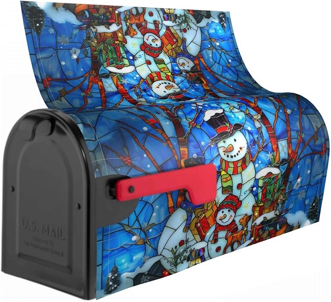 Winter Snowman Mailbox Cover - Christmas Stained Glass Holiday Wrap - Xmas Decorations Happy New Year - Magnetic Standard Size 18 x 21